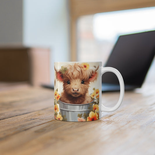 Adorable Highland Cow in Flower Bucket Design Mug