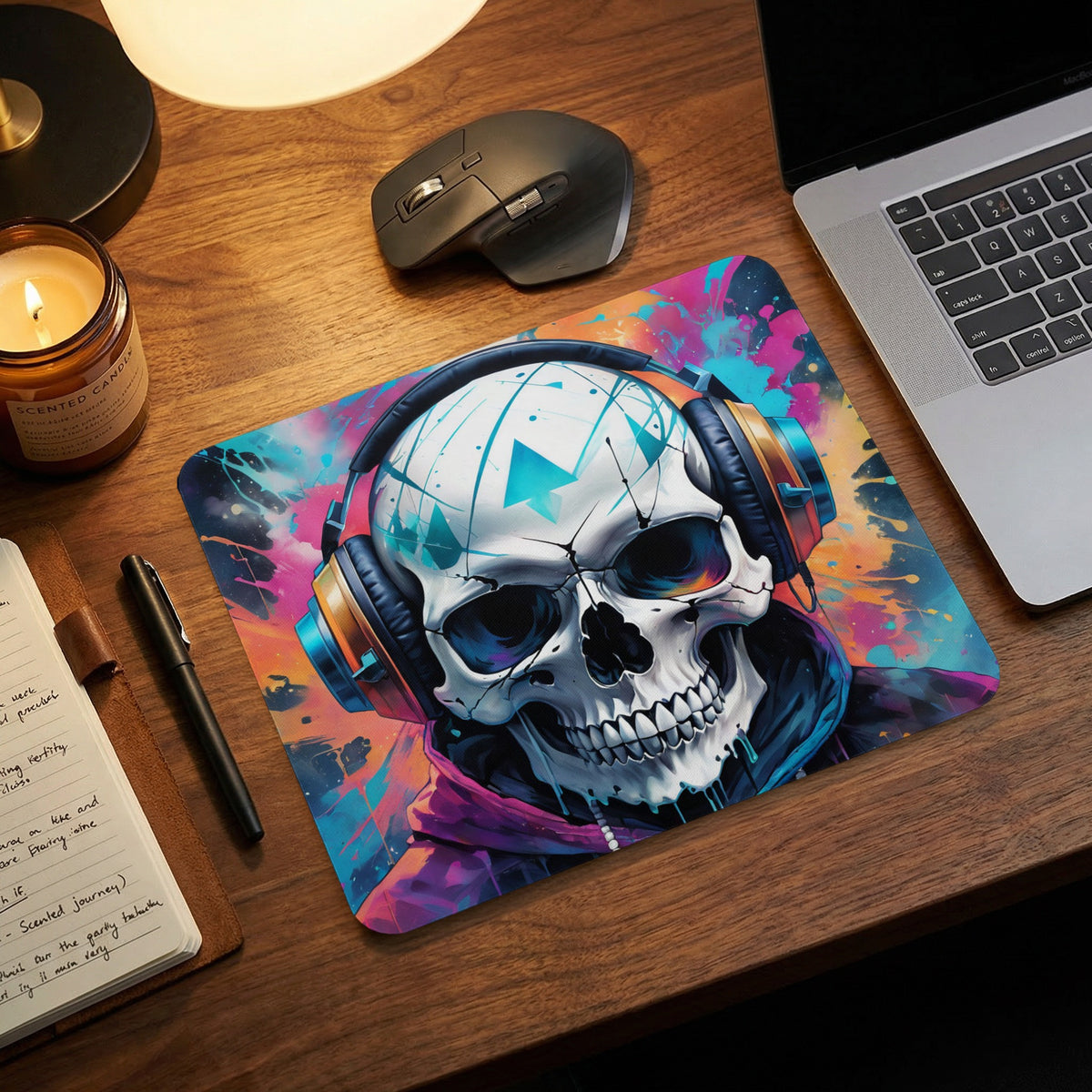 Mouse pad with a colorful graphic of a skull wearing headphones on a wooden desk.