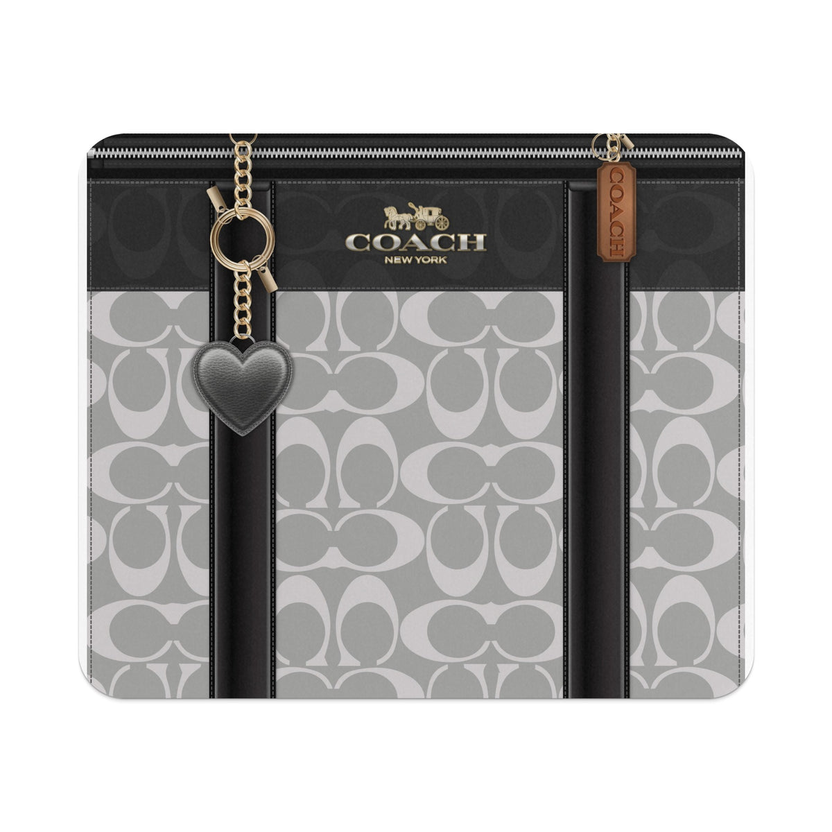 Coach signature pattern case with heart charm and gold hardware.