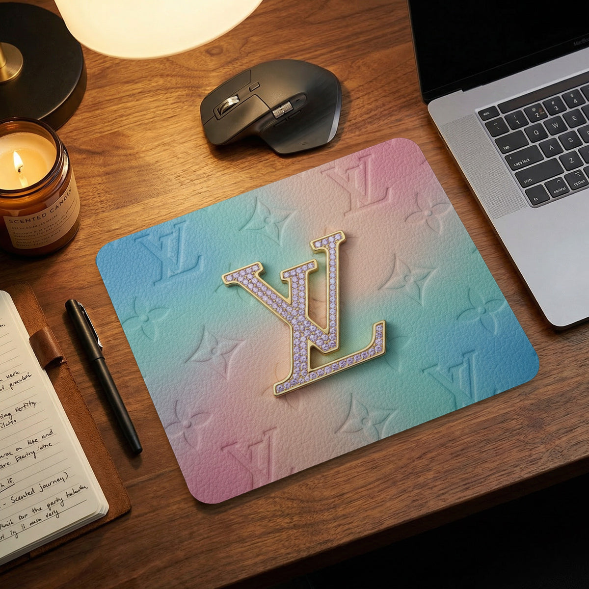 Gold and gem-encrusted "LV" logo on a pastel ombre leather mousepad.