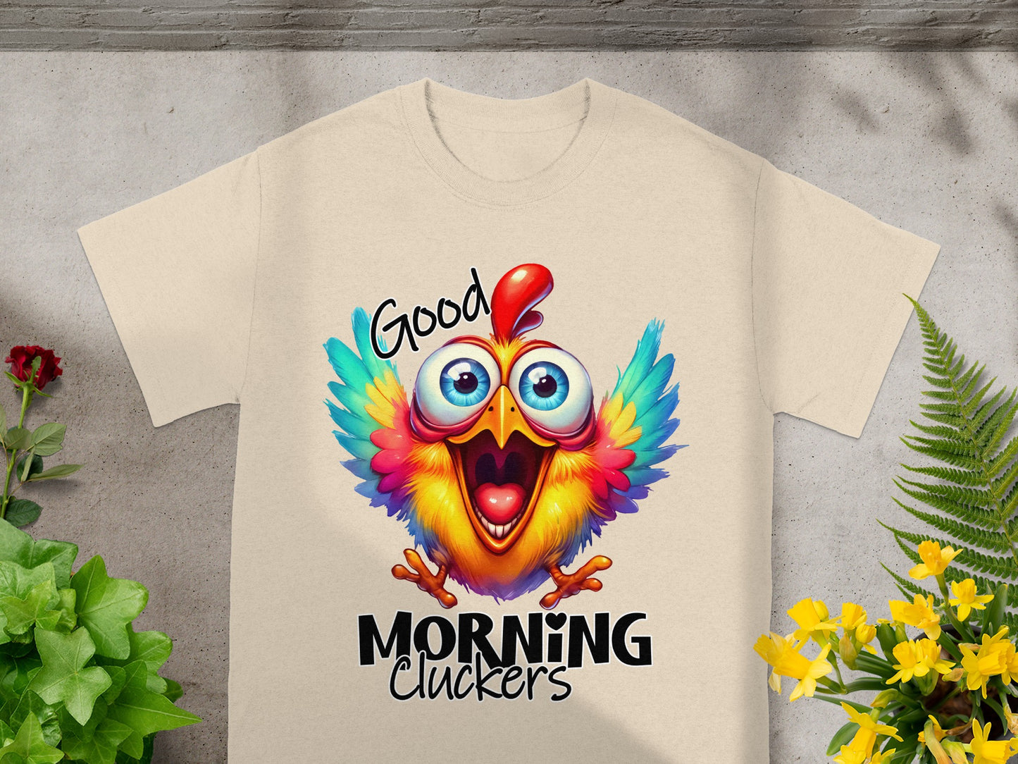 Good Morning Cluckers Colorful Chicken T-Shirt