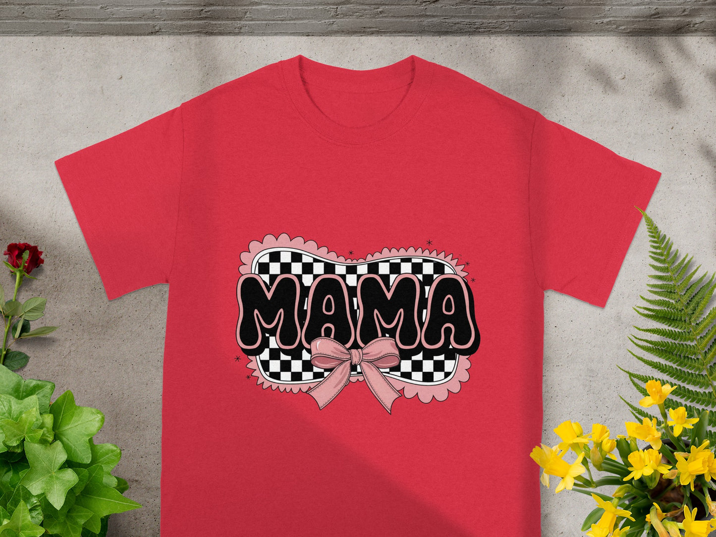 MAMA Graphic Checkered and Bow Design T-Shirt