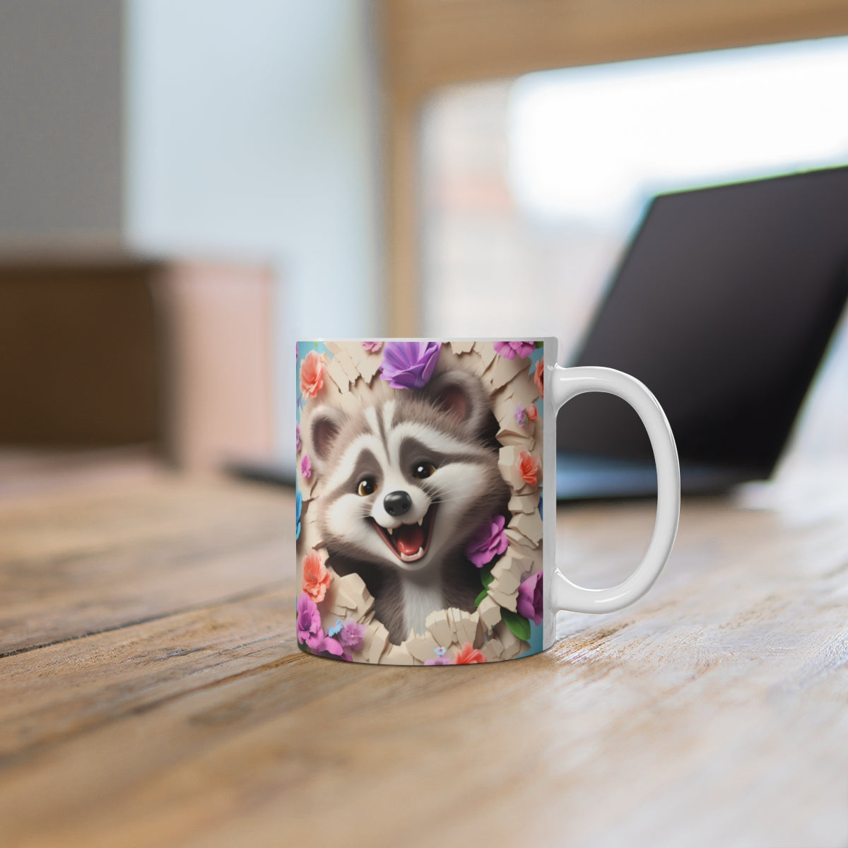 Cute Raccoon with Flowers White Coffee Mug