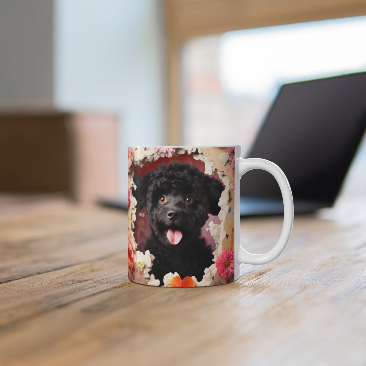 Cute Puppy Portrait Adorned with Colorful Flowers Mug