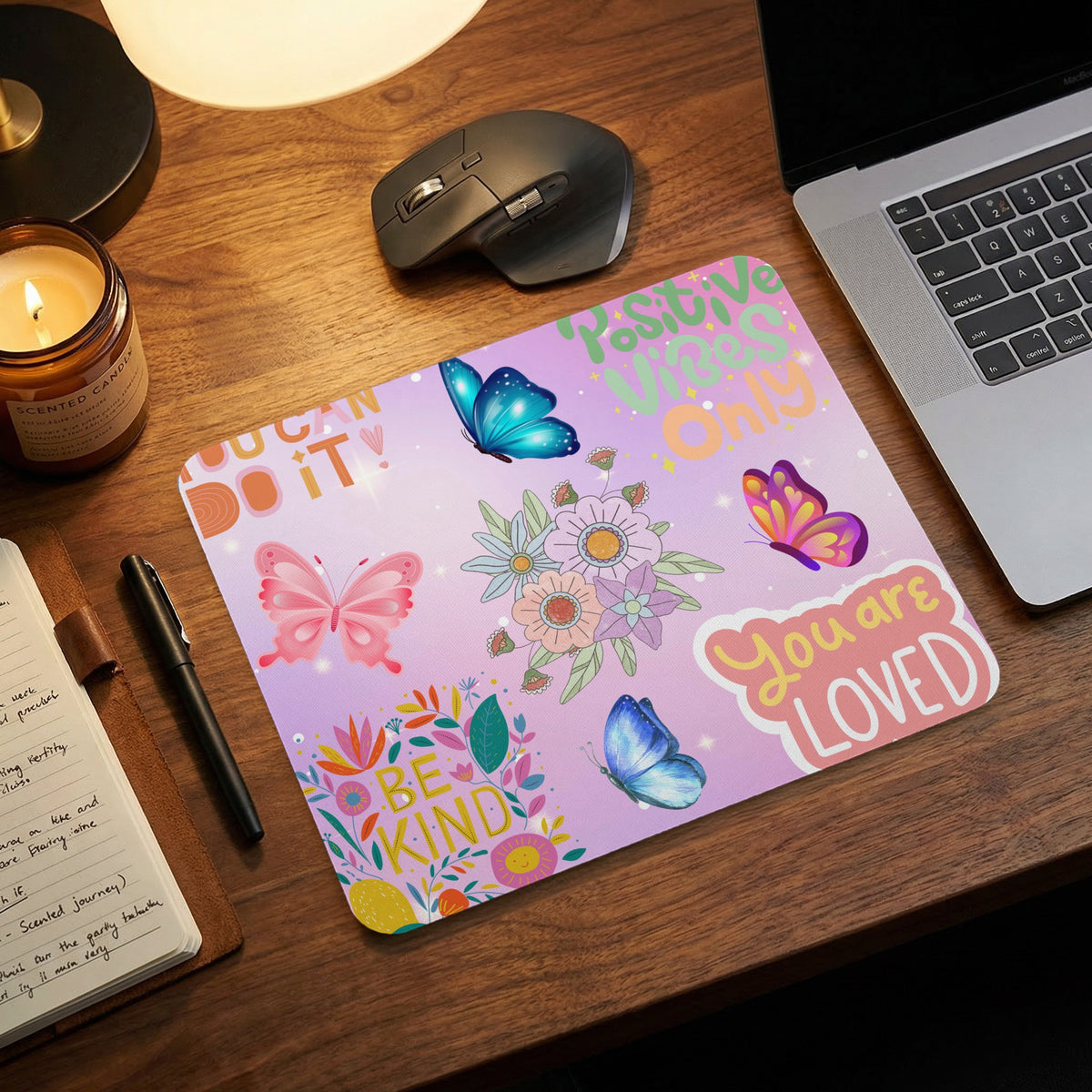 Mousepad with butterflies, flowers, and text reading "You Can Do It," "Positive Vibes Only," and "You Are Loved."