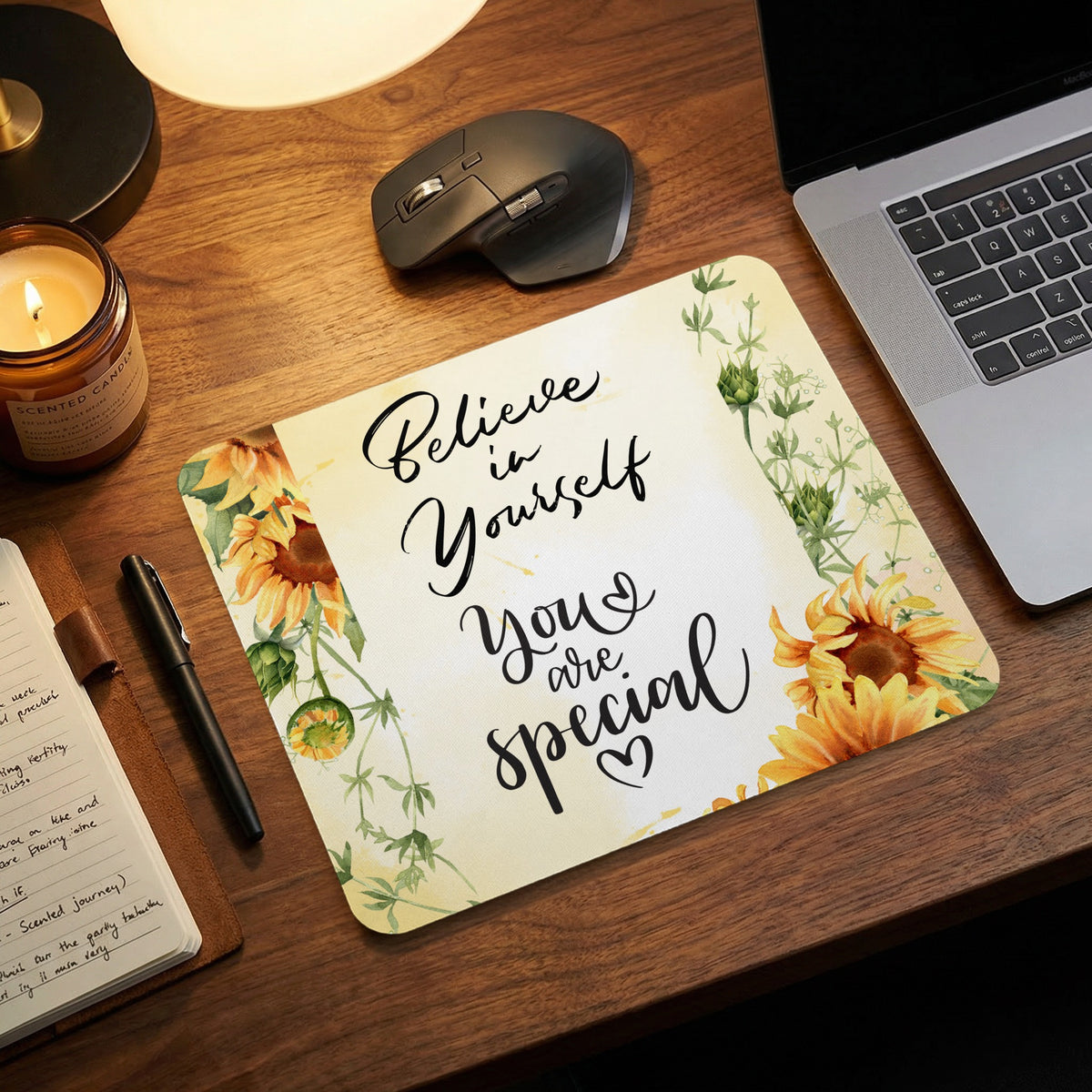 Mousepad with sunflowers and text "Believe in Yourself You are special".