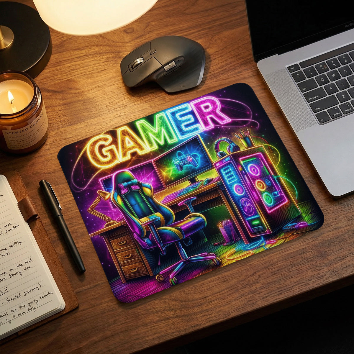 A rectangular mousepad featuring a vibrant neon gaming setup illustration sits on a wooden desk.