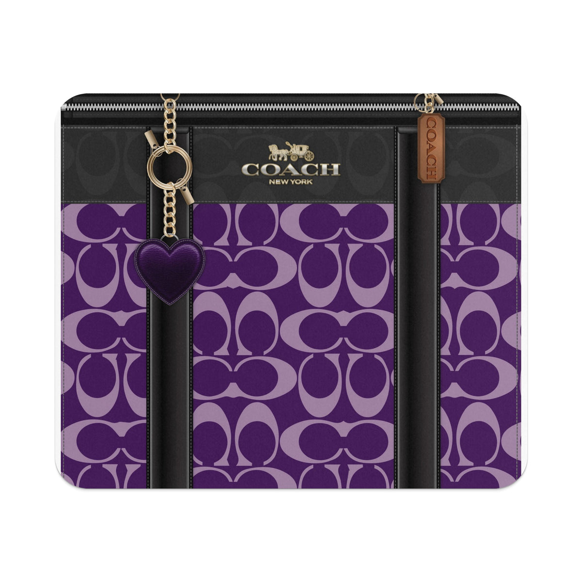 Coach wallet with signature C pattern and purple heart charm.
