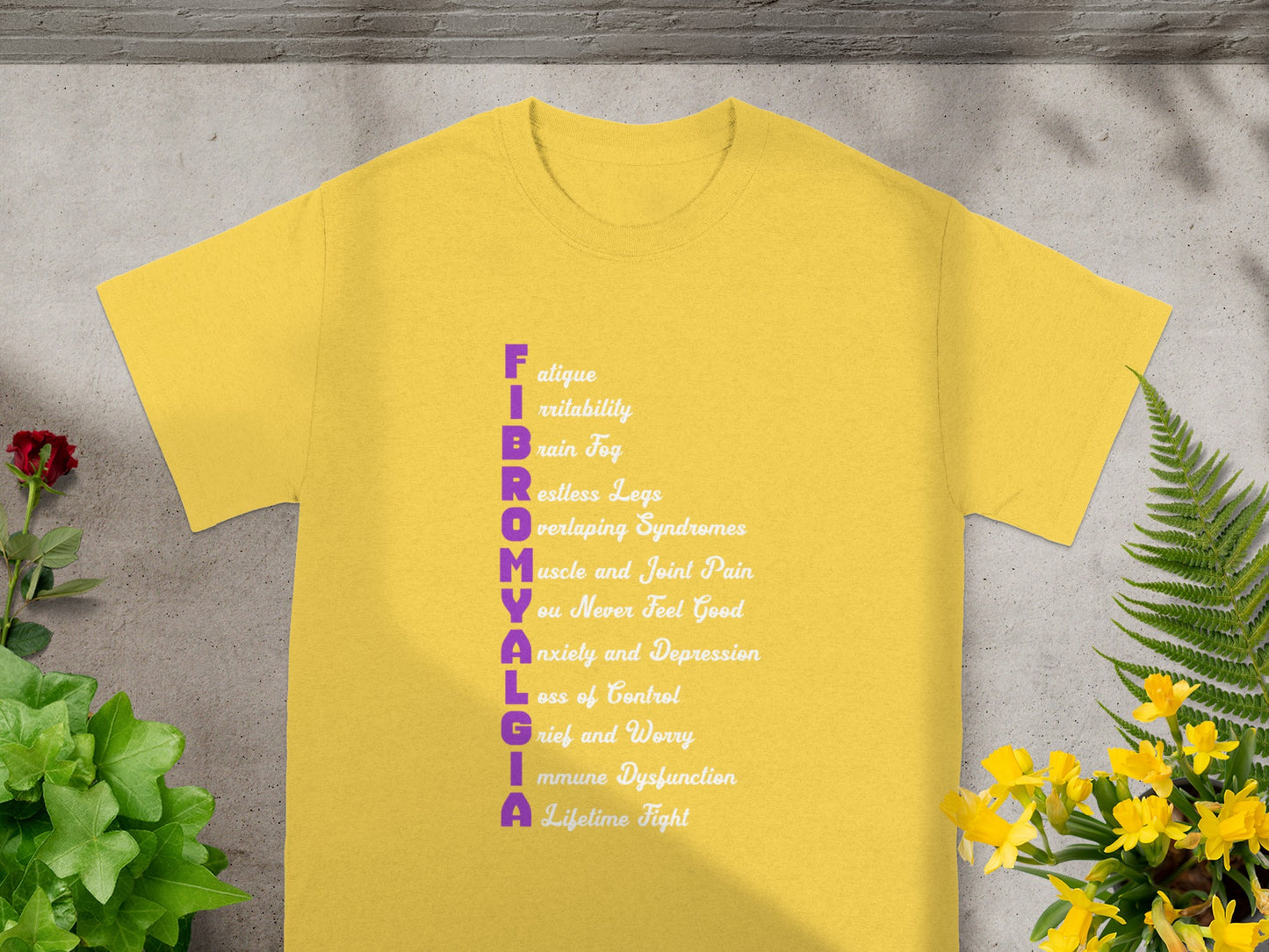 Yellow T-Shirt with Fibromyalgia Awareness Design