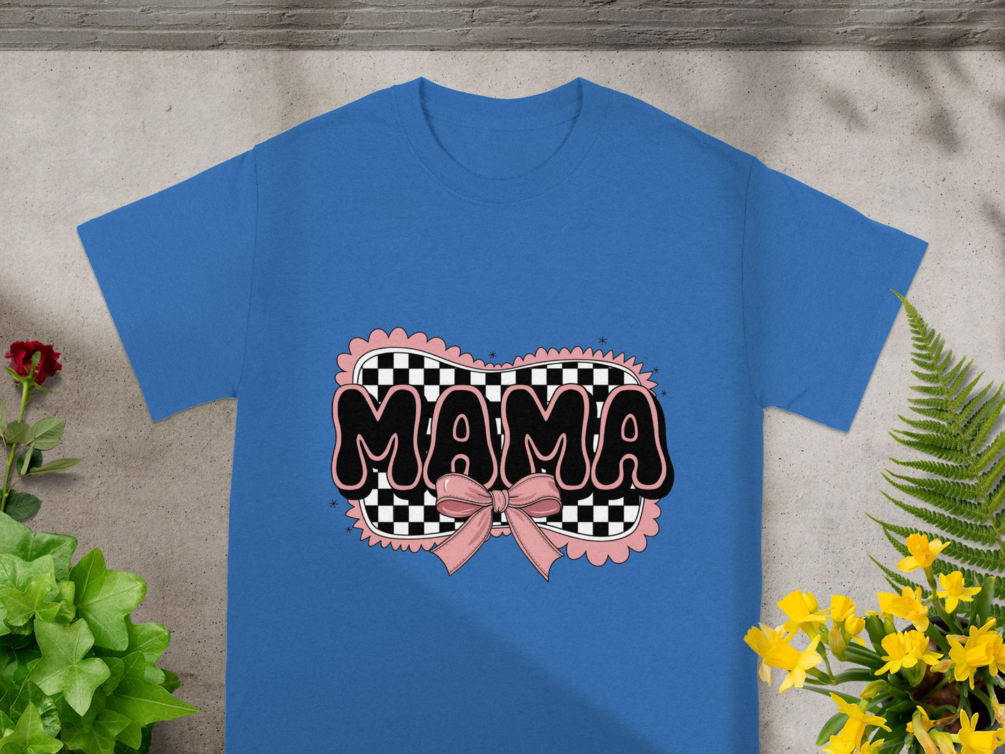 Blue T-Shirt with Checkered Mama Text and Large Bow