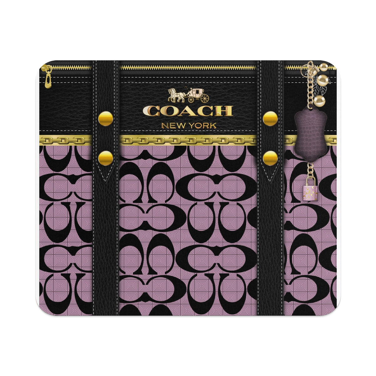 Coach New York pattern with black leather straps and gold accents.
