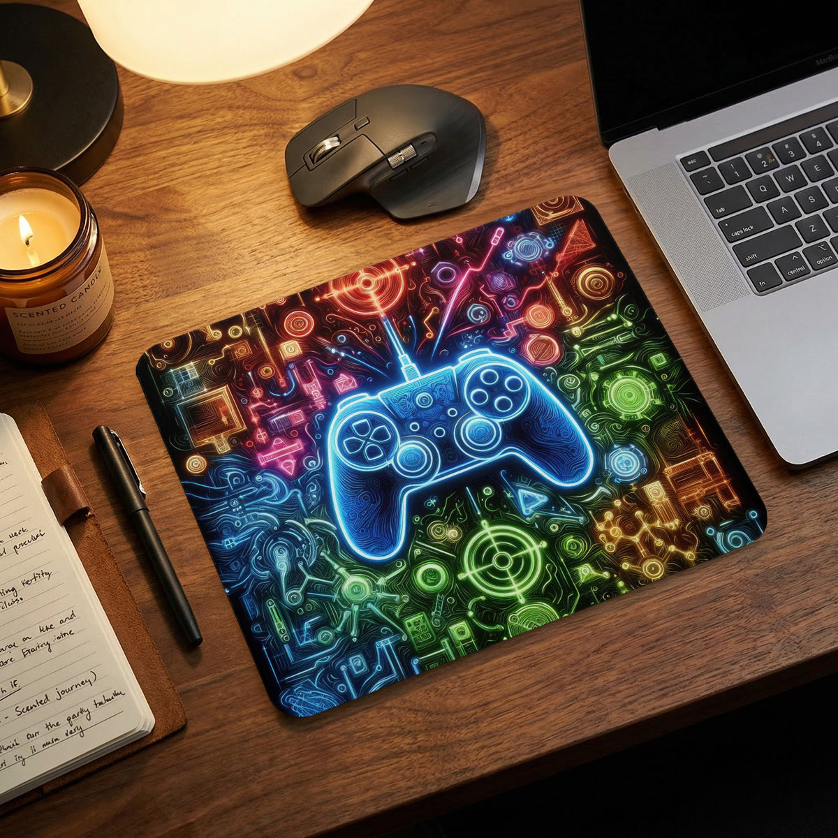 Rectangular gaming mousepad with a vibrant neon gamepad graphic, resting on a wooden desk.