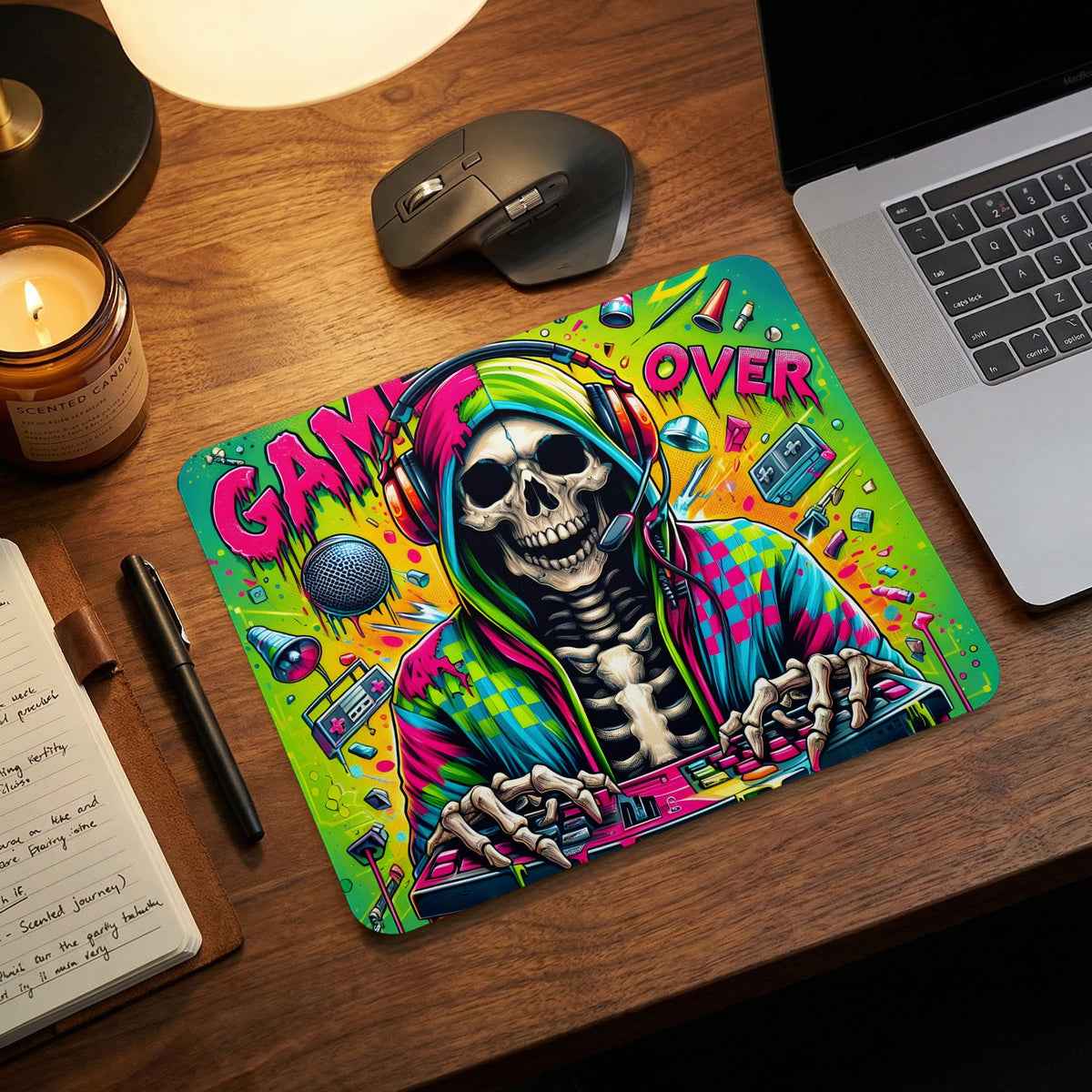 Overhead shot of a wooden desk featuring a colorful gamer skeleton desk mat, laptop, and mouse.