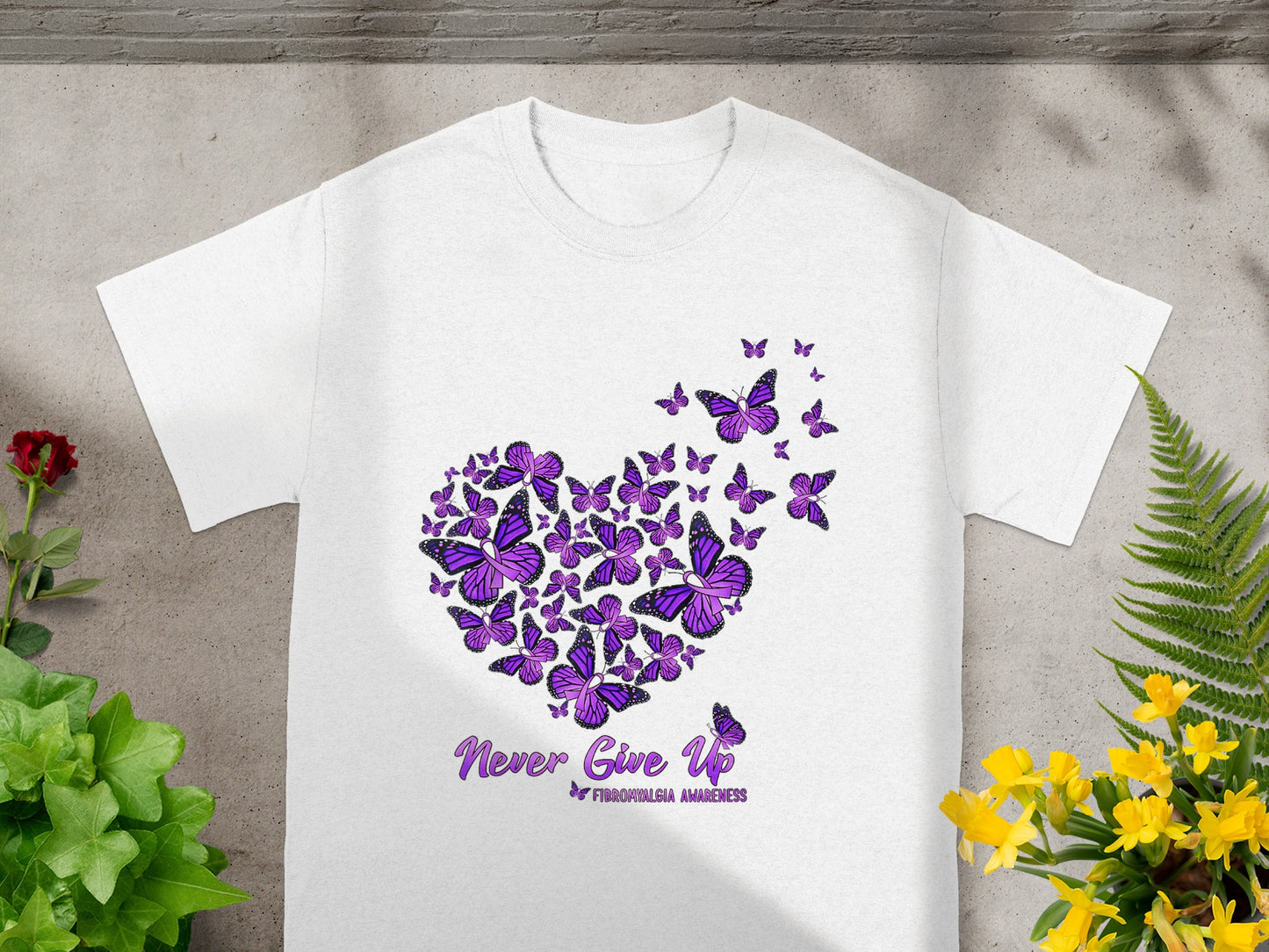 Never Give Up Butterflies Fibromyalgia Awareness T-shirt