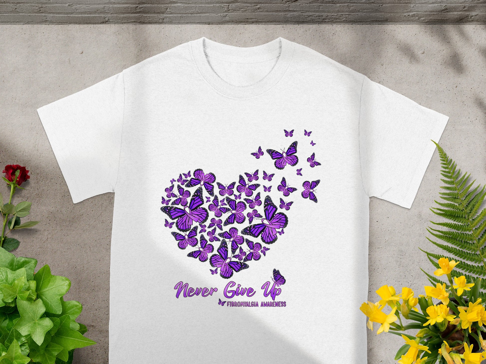 Never Give Up Butterflies Fibromyalgia Awareness T-shirt