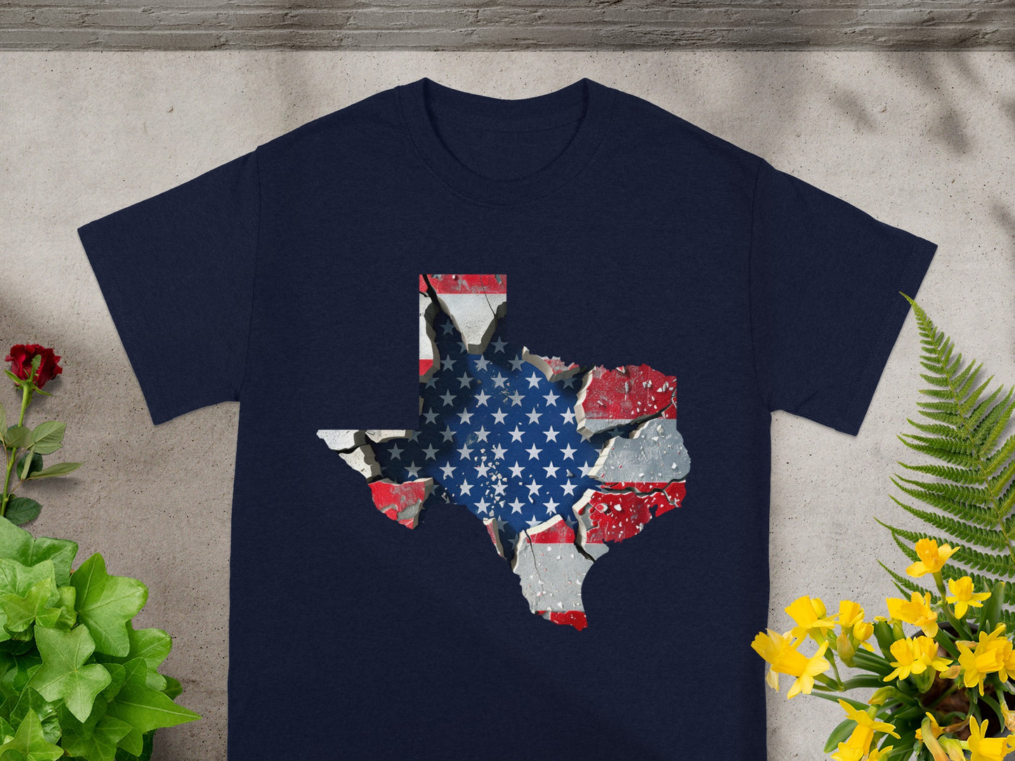 Navy t-shirt with a cracked Texas map filled with the American flag design.