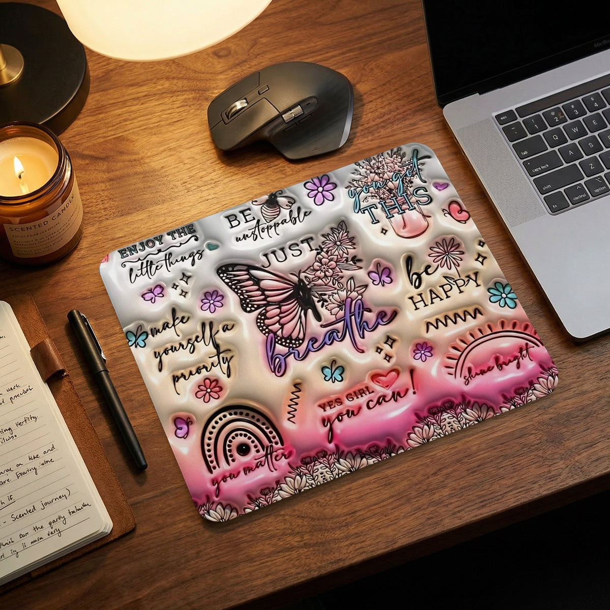 Mousepad with "Breathe," butterfly, and inspirational text like "Be Happy."