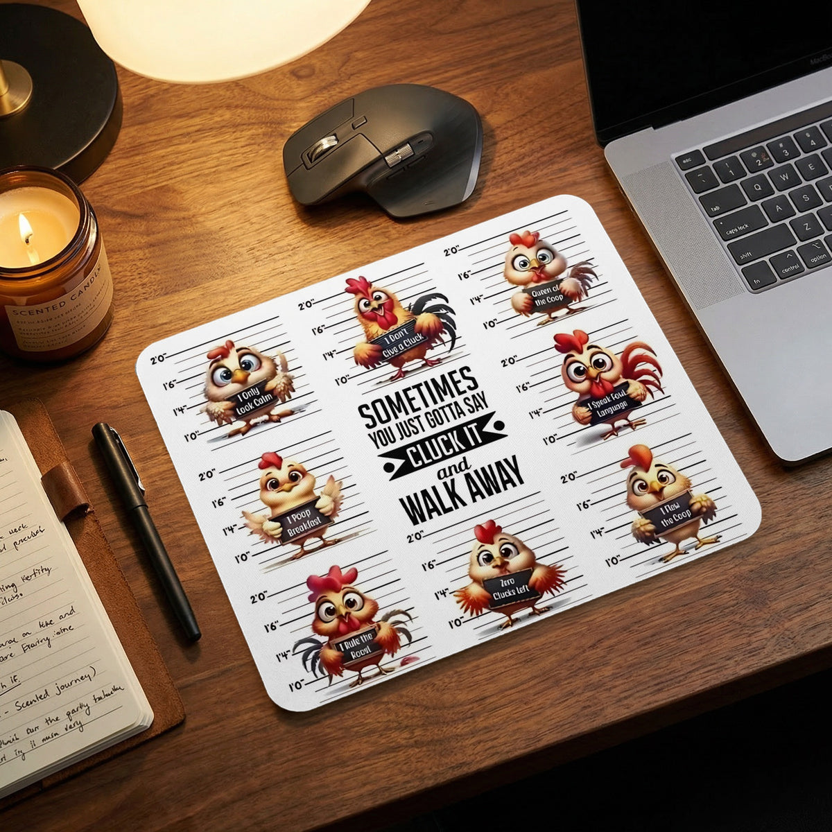 Mouse pad featuring cartoon chickens holding mugshot signs, set on a wooden desk with a laptop and candle.