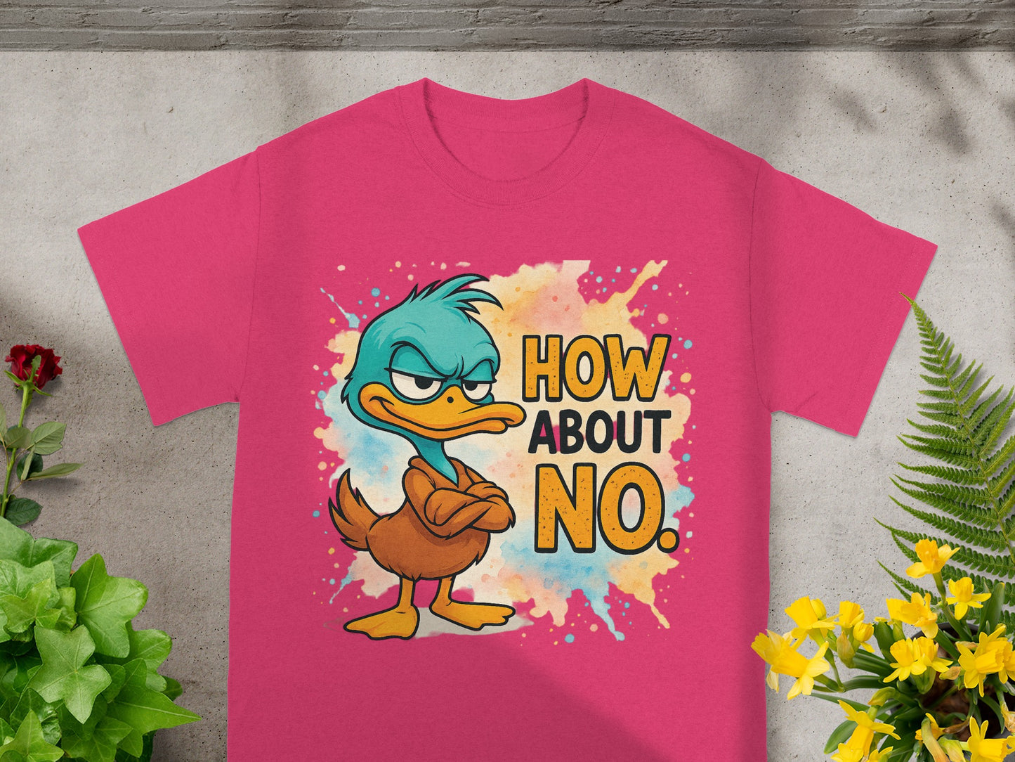 Pink t-shirt with cartoon duck and text "HOW ABOUT NO."