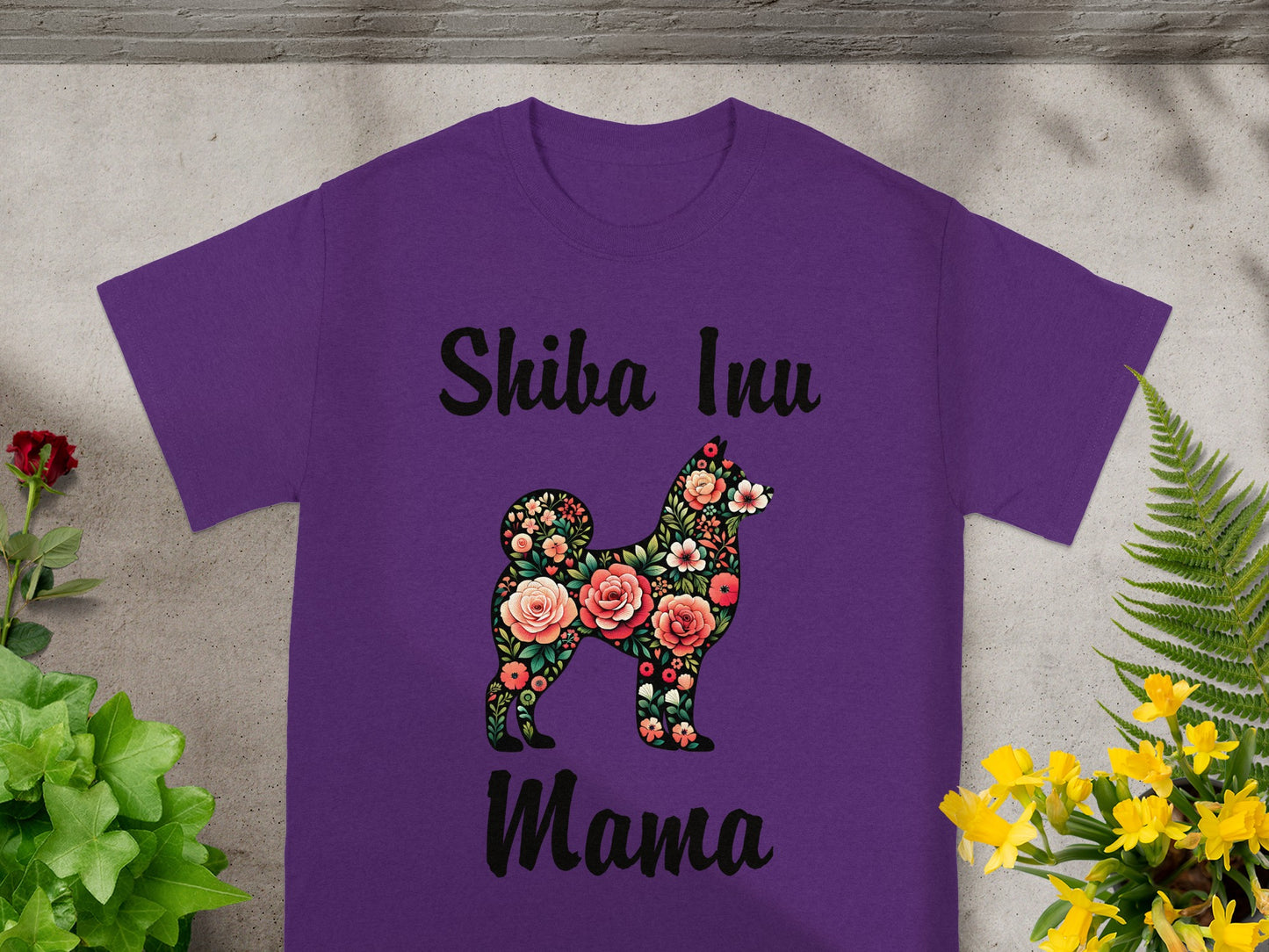 Purple t-shirt with "Shiba Inu Mama" text and floral Shiba Inu design.