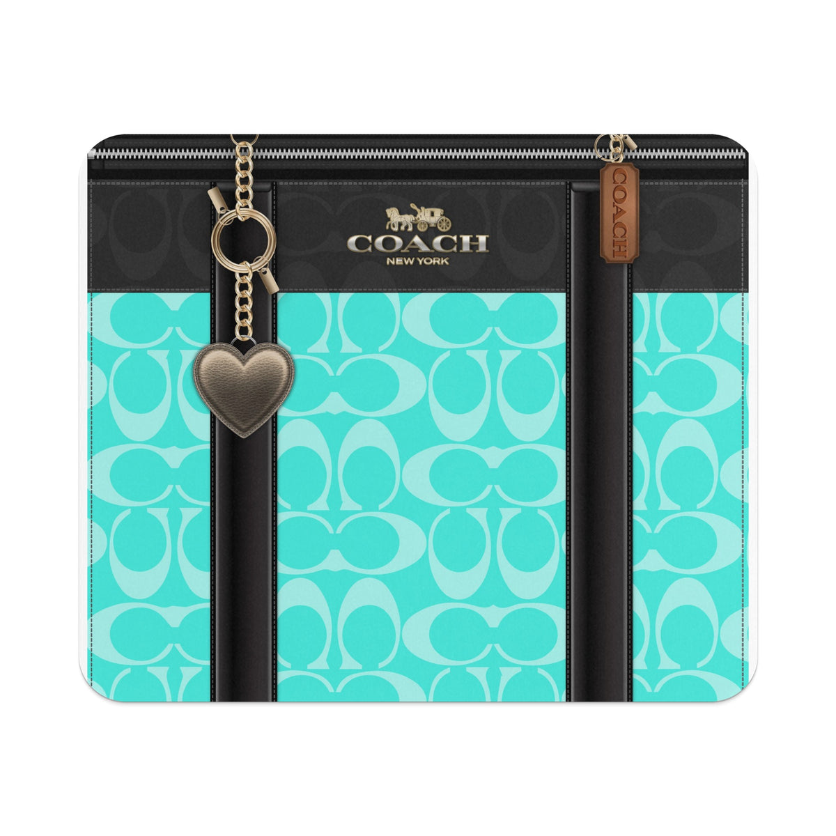 Coach wallet with aqua signature pattern and gold heart charm.