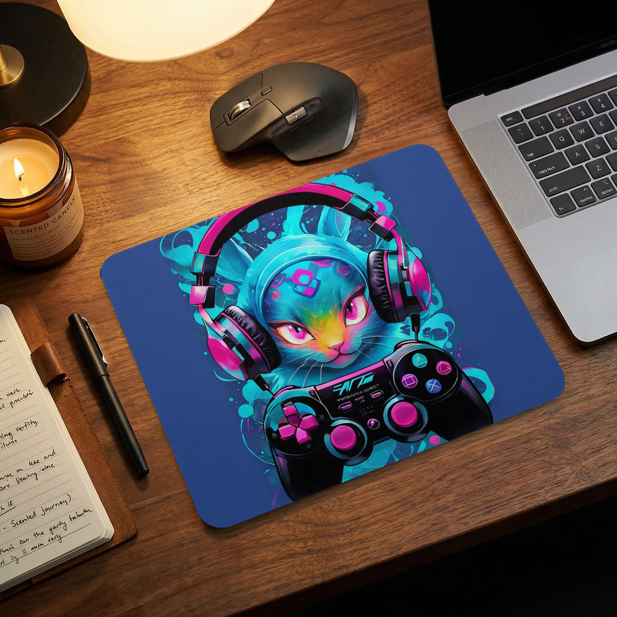 A blue mousepad features a colorful illustration of a cat wearing headphones while holding a game controller.