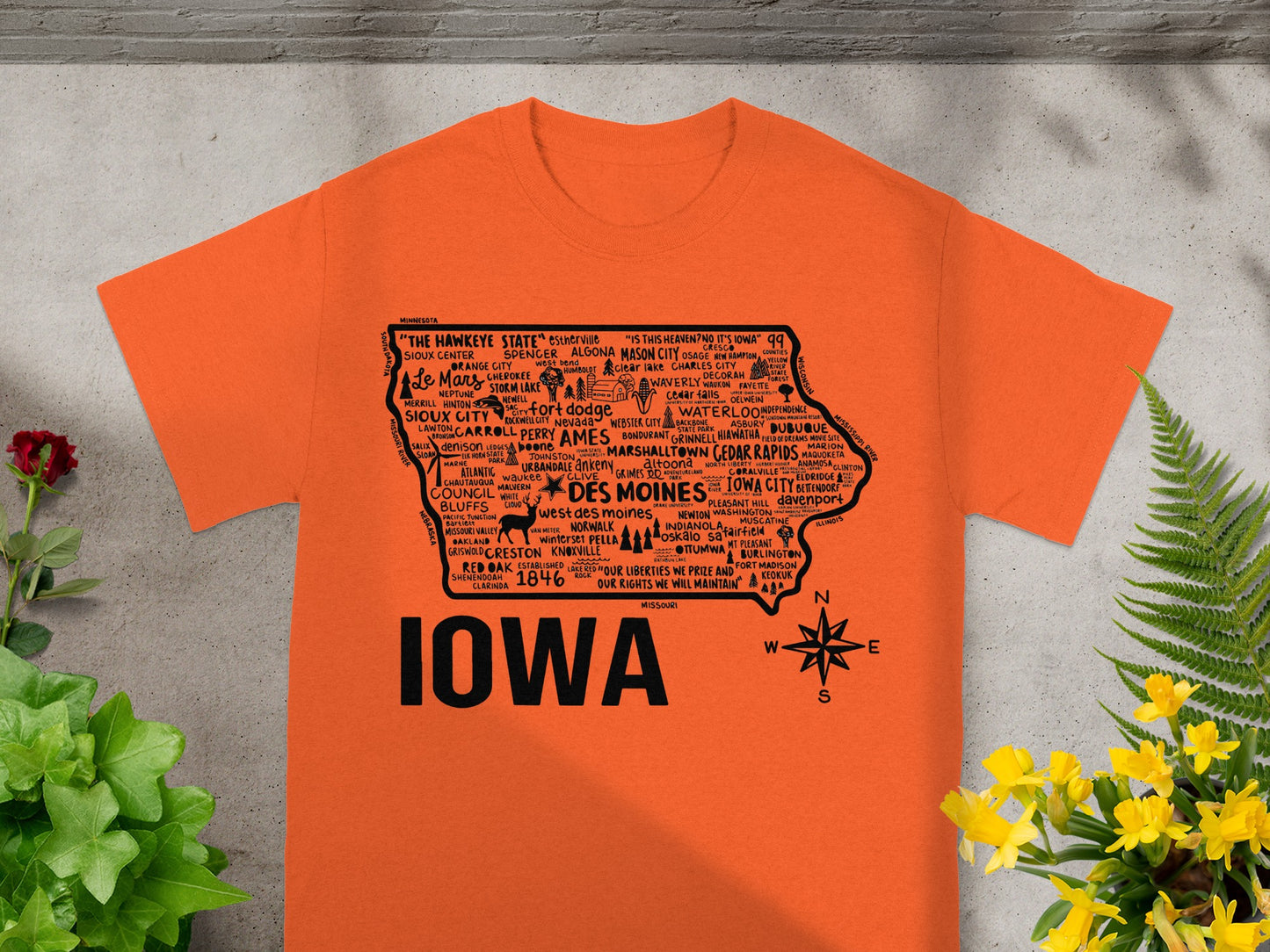 Iowa State Landmarks Map T-Shirt with Compass Design