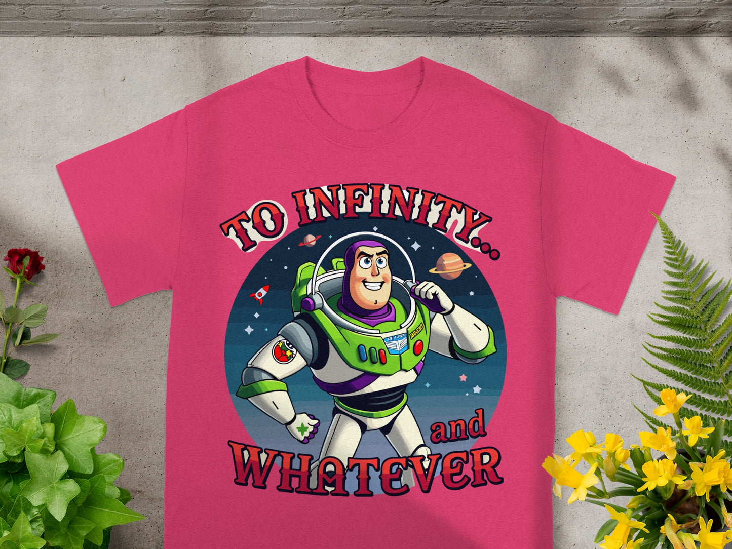 Buzz Lightyear graphic t-shirt with space theme and text "To Infinity... and WHATEVER"