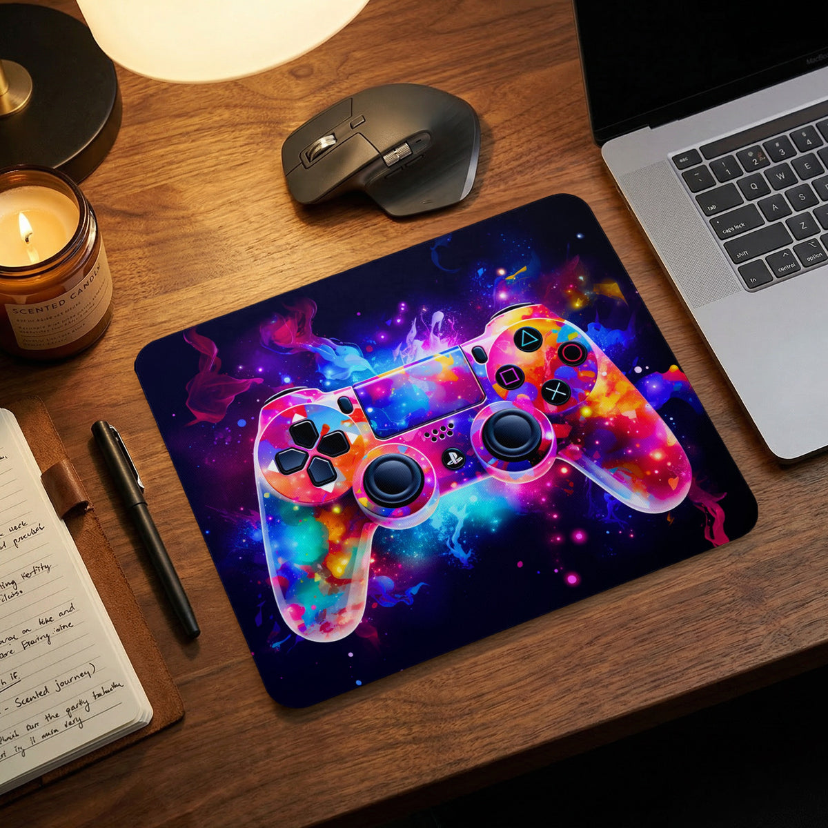 A colorful gaming mousepad featuring a vibrant galaxy and nebula design centered on a gamepad.