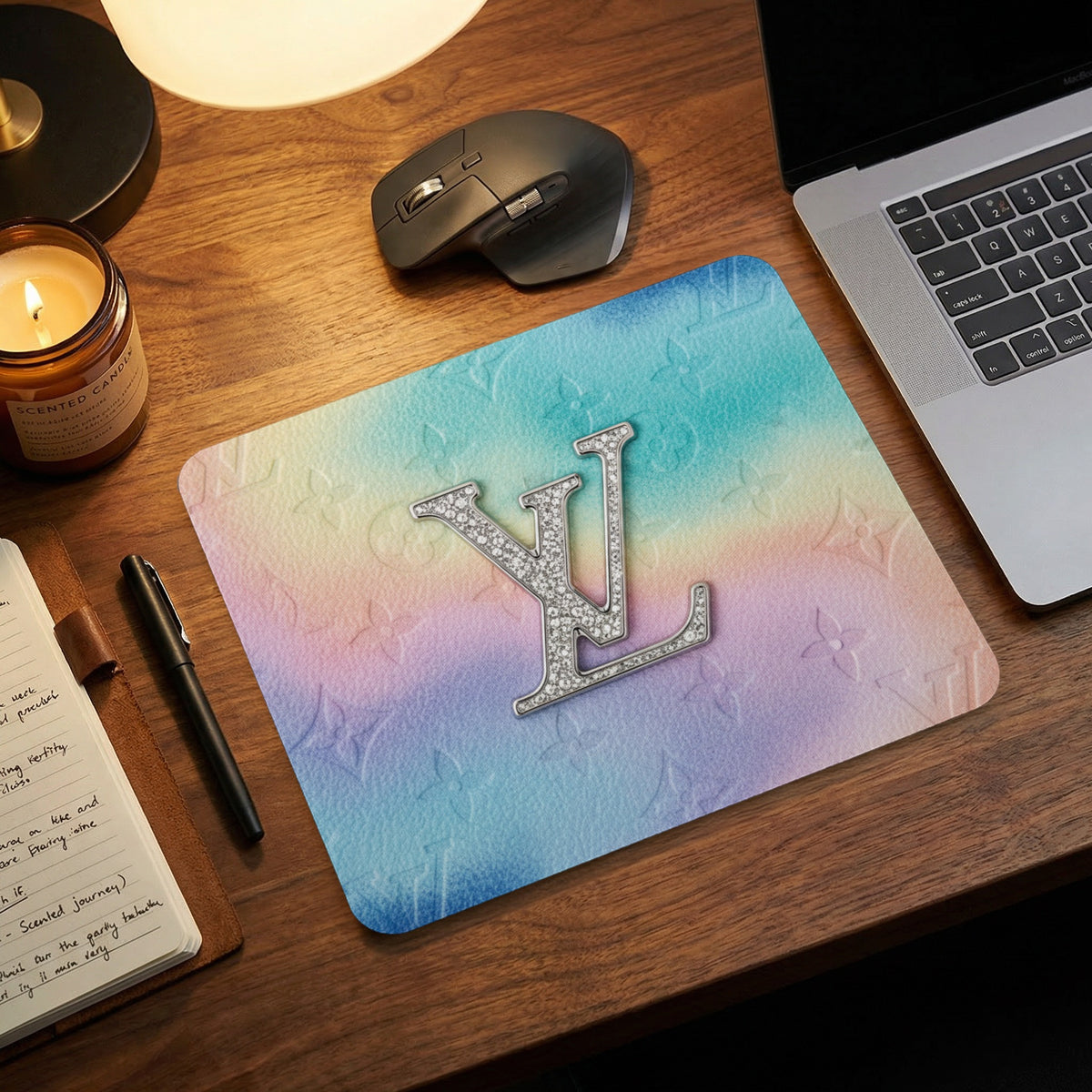 Mousepad with diamond-studded LV logo on a rainbow gradient background.