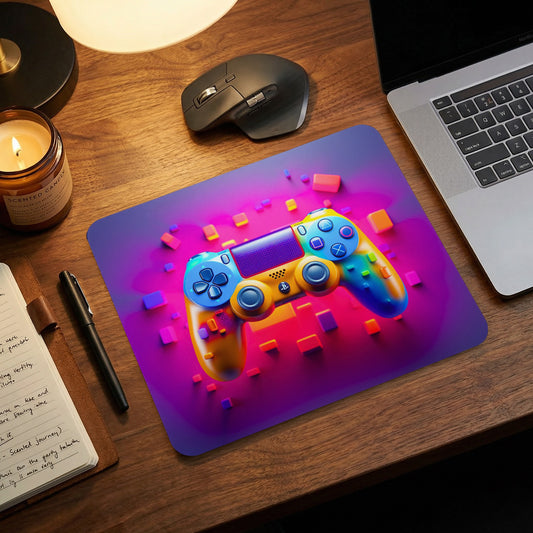 A mouse pad featuring a colorful, vibrant PlayStation controller design rests on a wooden desk.