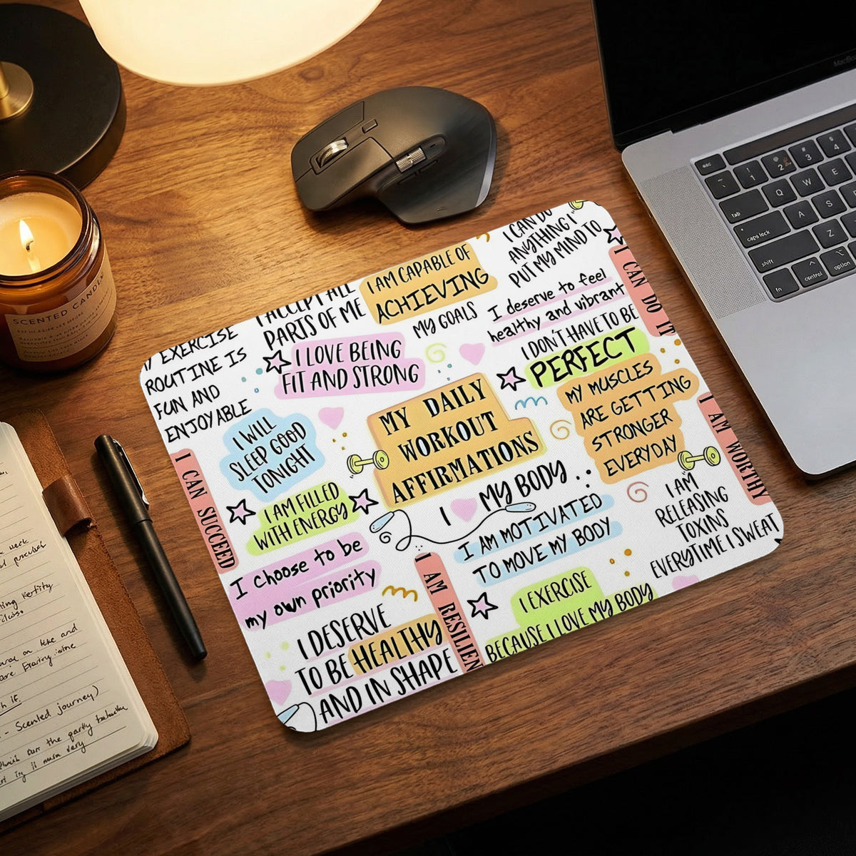 Mousepad with workout affirmations including "I am capable of achieving," "I love being fit and strong," and "My muscles are getting stronger."