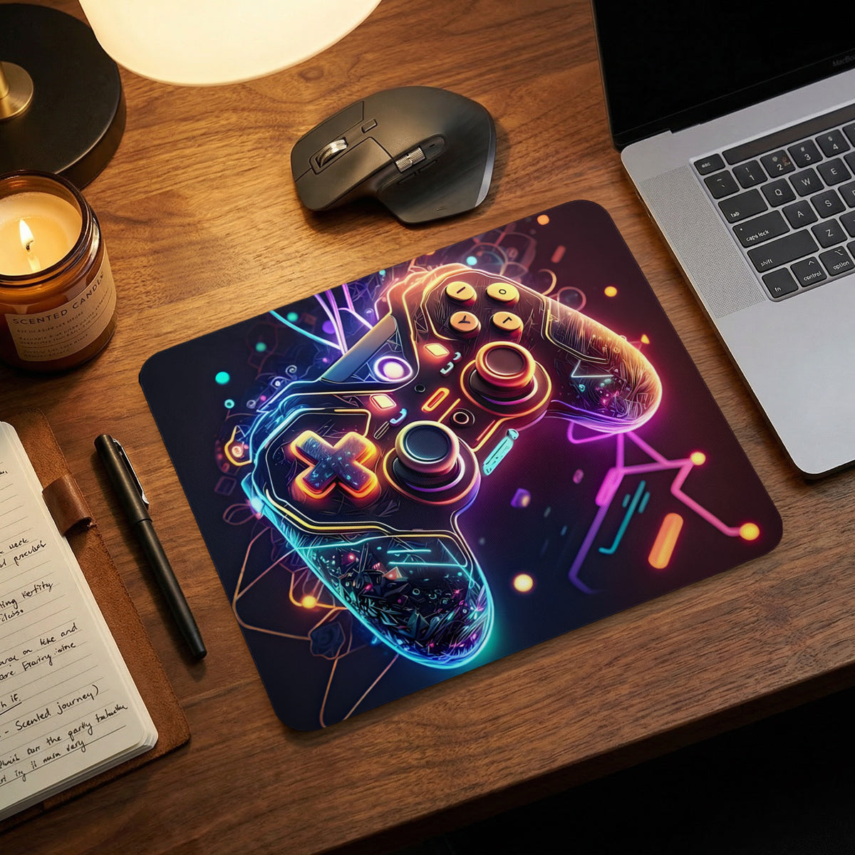 Neon-styled gaming controller graphic printed on a mousepad resting on a wooden desk.