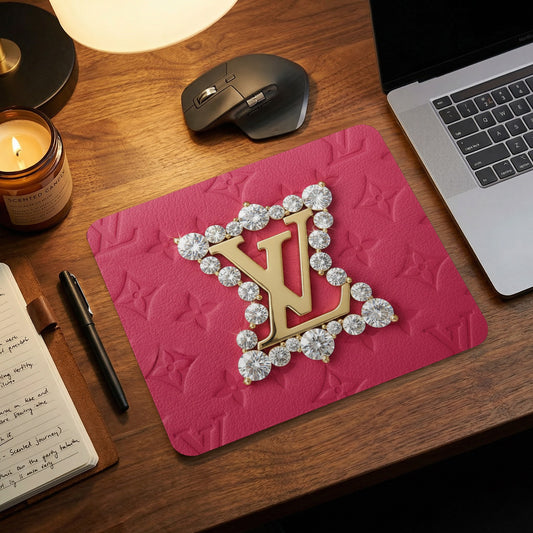 Pink mousepad with embossed floral pattern and crystal-encrusted gold "LV" logo.