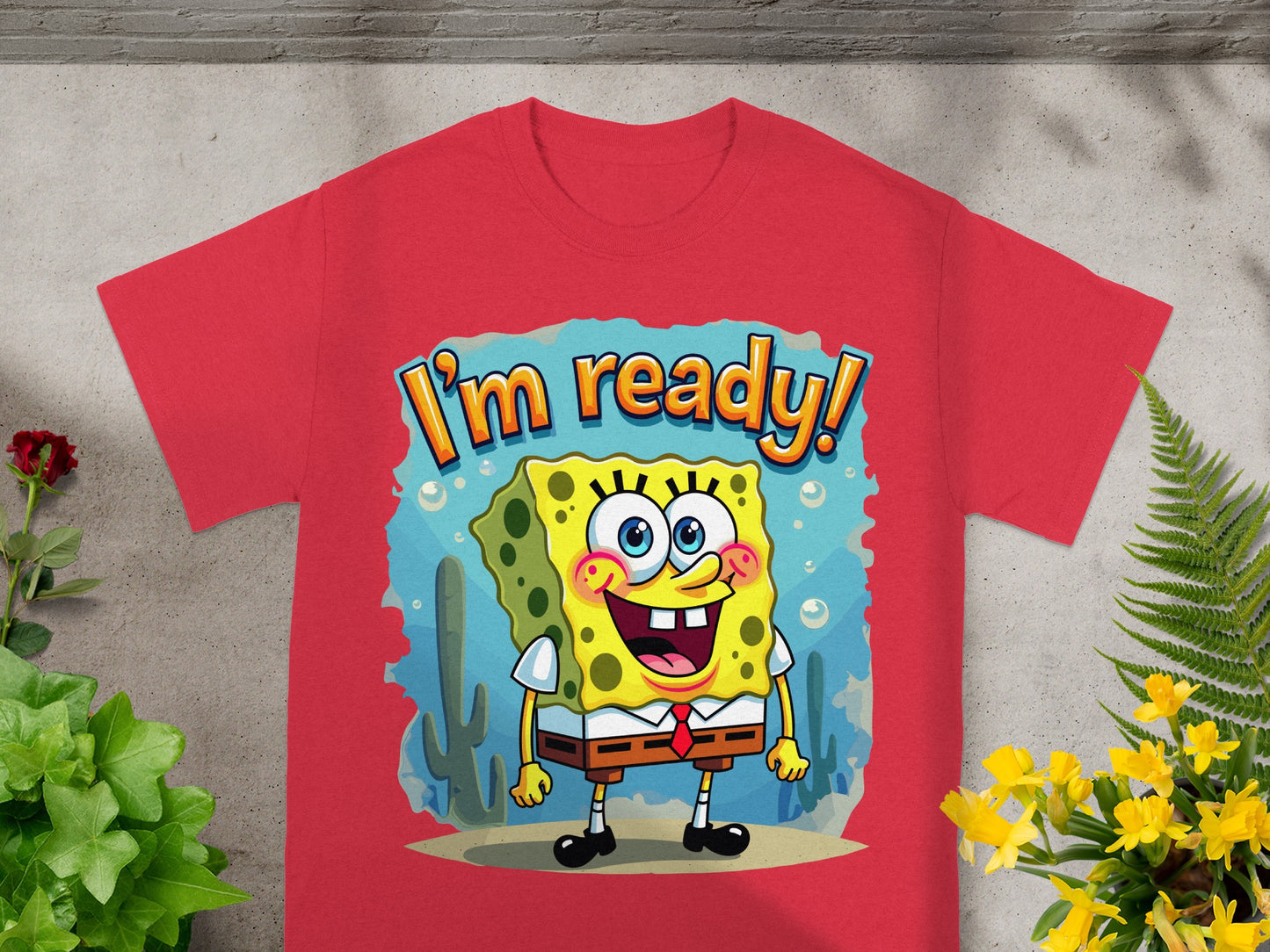 Red t-shirt featuring Spongebob Squarepants exclaiming "I'm ready!"