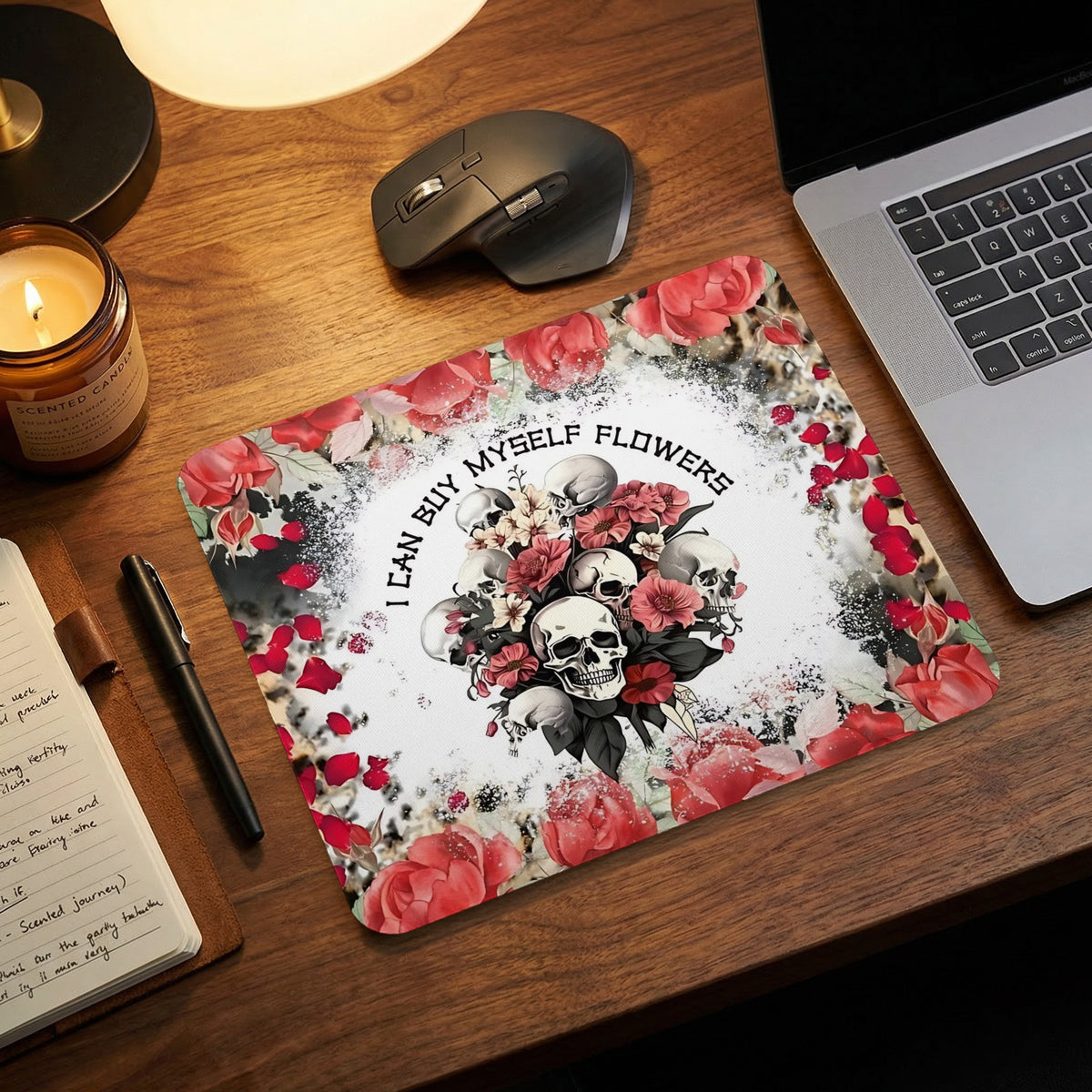 Rectangle mousepad featuring skulls and red flowers with the text "I CAN BUY MYSELF FLOWERS".