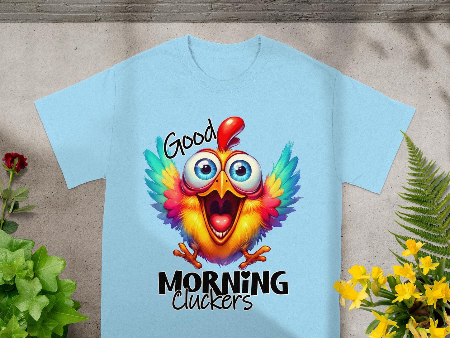 Good Morning Cluckers Colorful Chicken T-Shirt