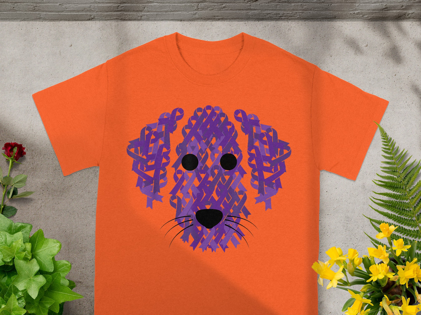 Handmade Unique Orange Tee with Purple Dog Face Design