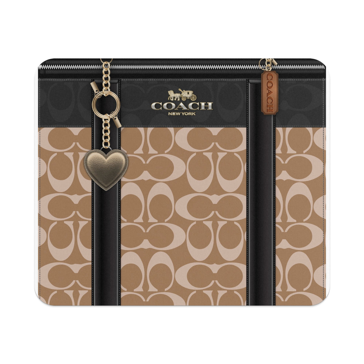 Coach signature canvas case with gold heart charm and brown leather tag.