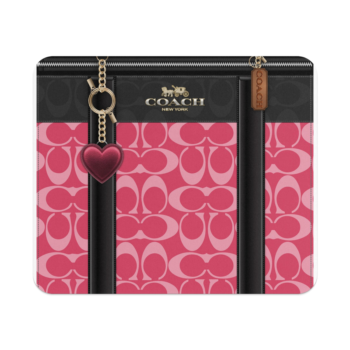 Coach New York wallet with pink C-pattern, black accents, and heart charm.
