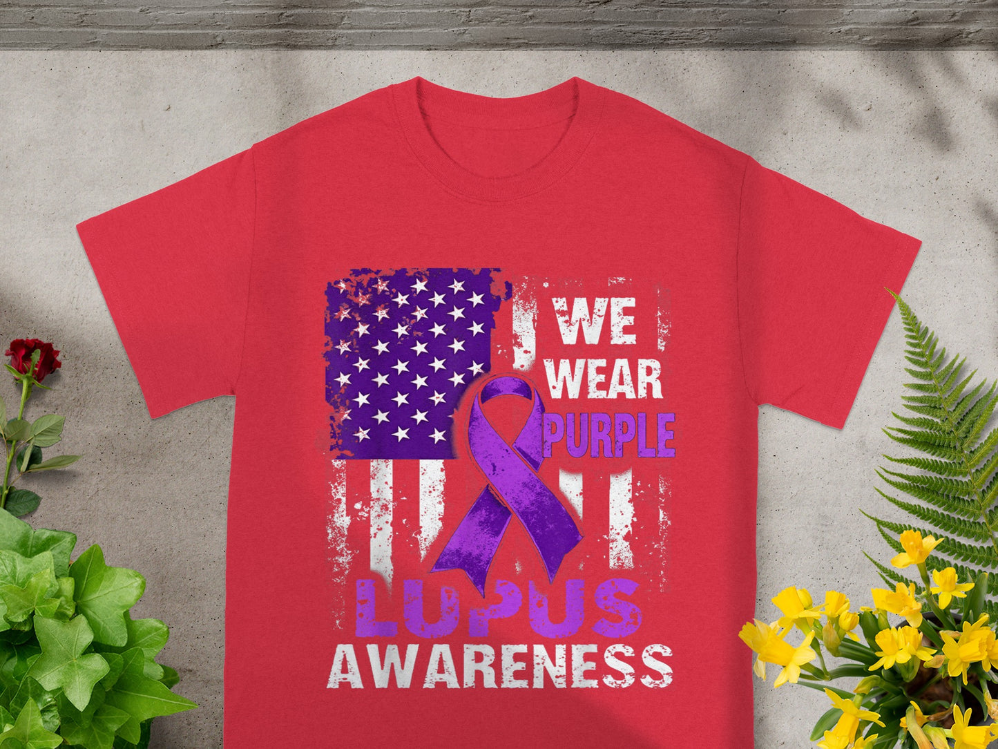 We Wear Purple Lupus Awareness American Flag T-shirt