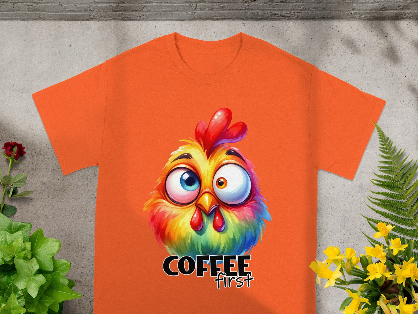 Colorful Funny Chicken Coffee First T-Shirt