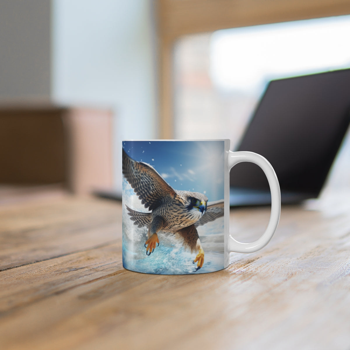 Majestic Hawk Soaring Over Water Design Mug