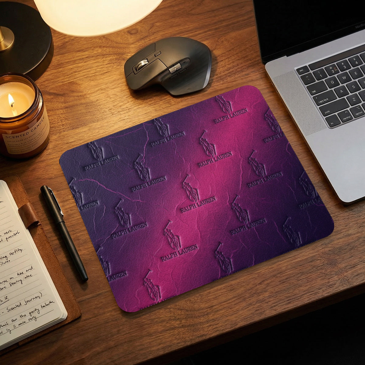 Embossed Ralph Lauren logo mousepad with gradient purple and pink background.