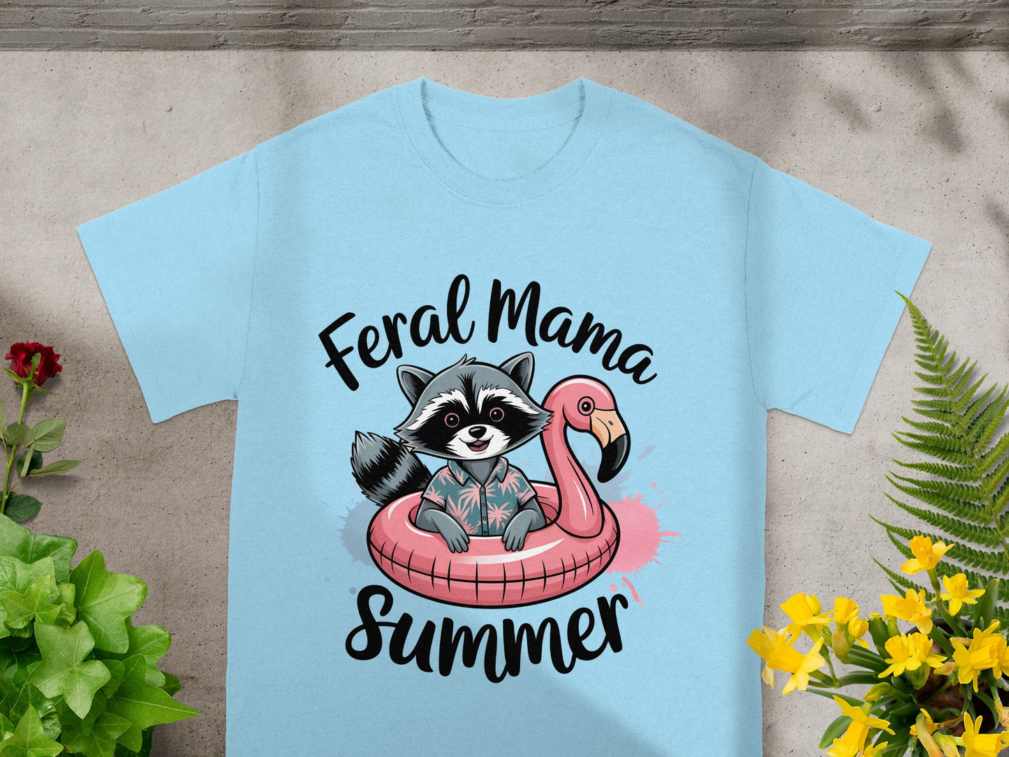 Feral Mama Summer Raccoon In Flamingo Floatie T-shirt