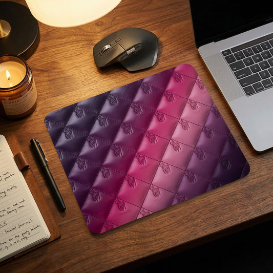 Quilted mousepad with embossed horse logos in purple to pink gradient.
