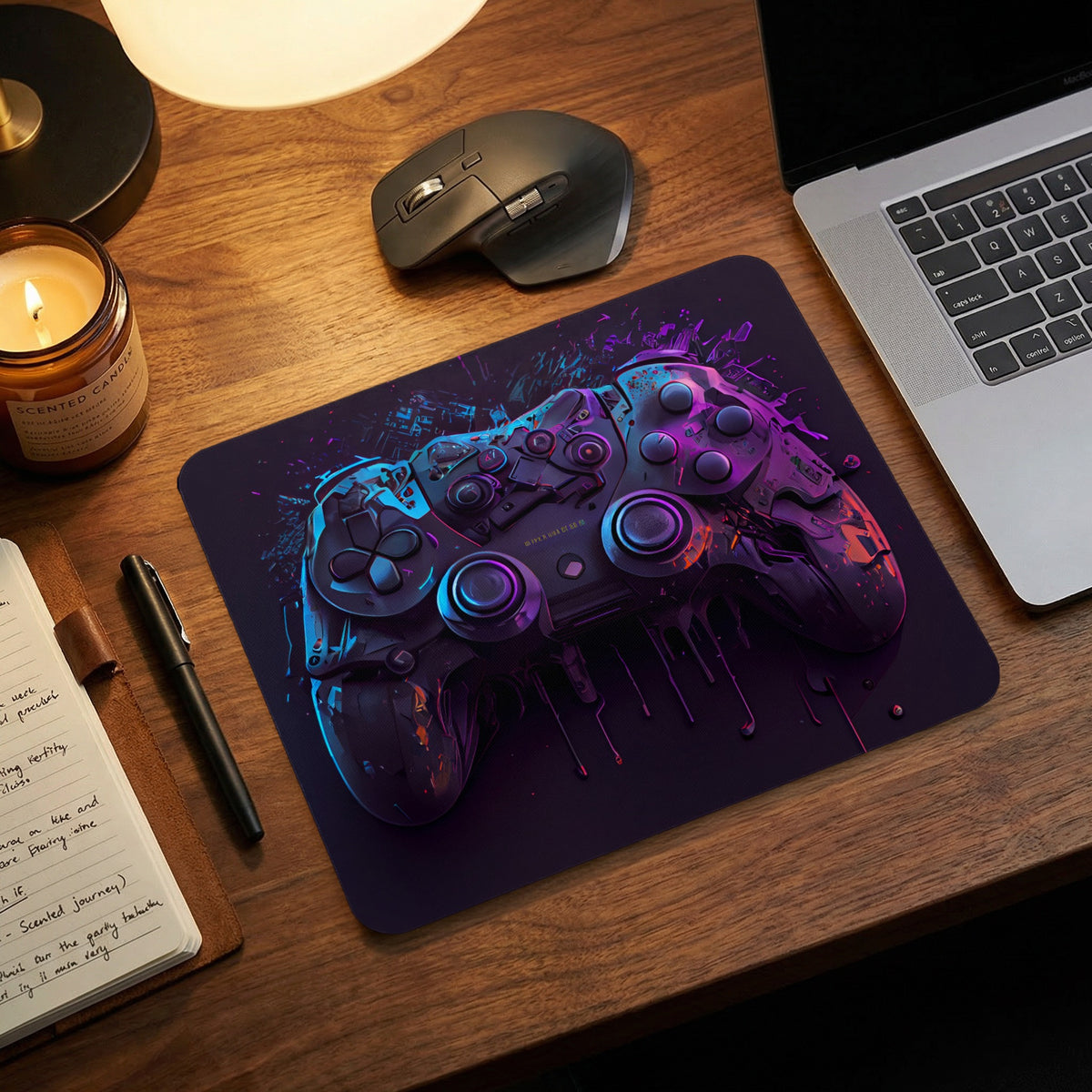 A mousepad with a purple graphic of a gaming controller on a wooden desk.