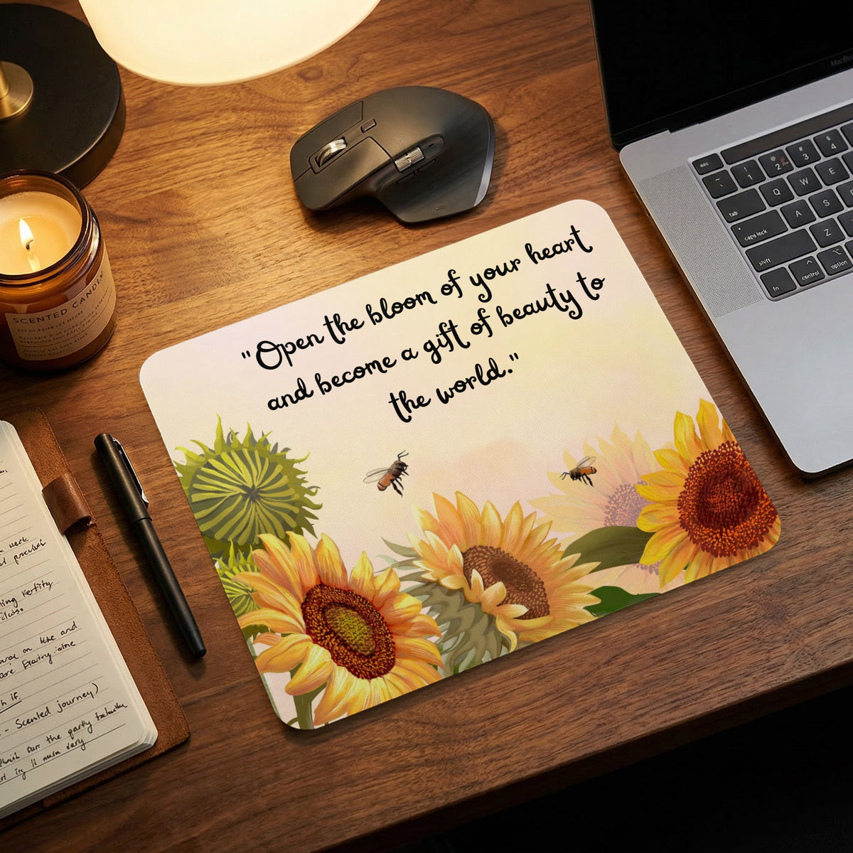 Mousepad with sunflowers and bees, featuring text "Open the bloom of your heart".