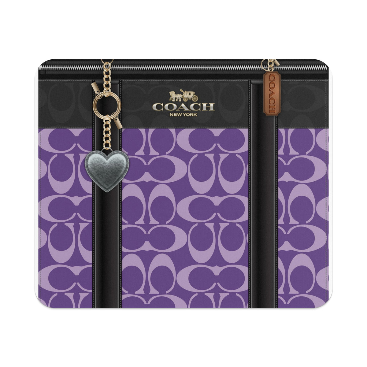 Coach wallet with purple C pattern, silver heart charm, and gold chain.