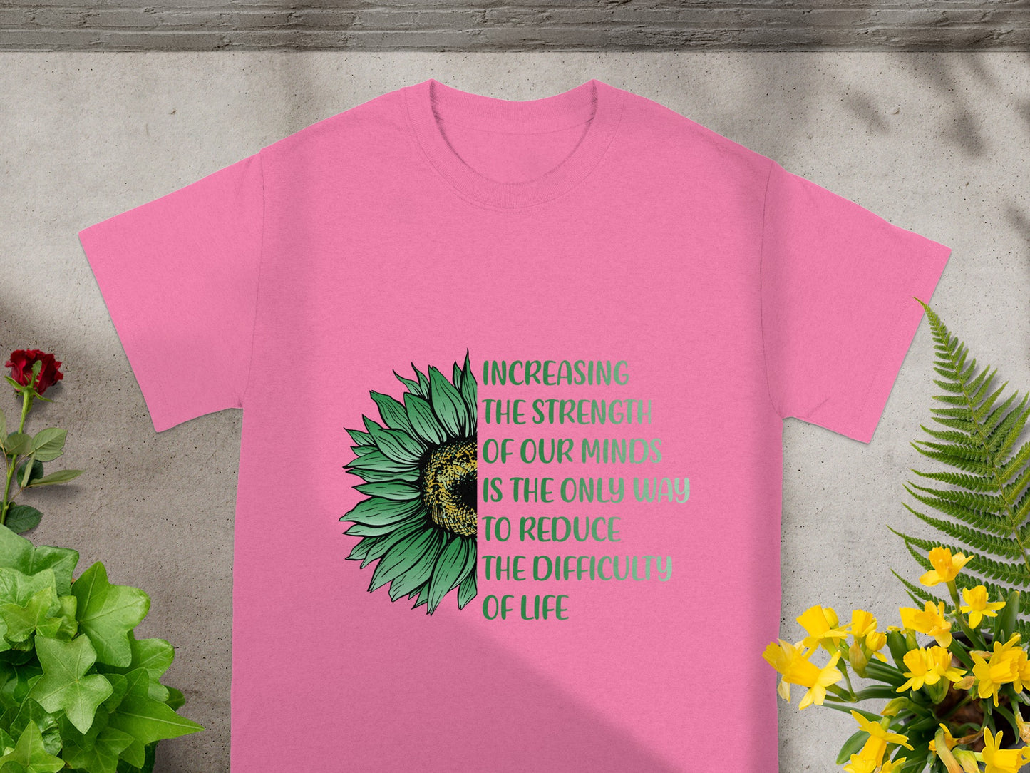 Pink T-shirt with Motivational Quote and Sunflower Design